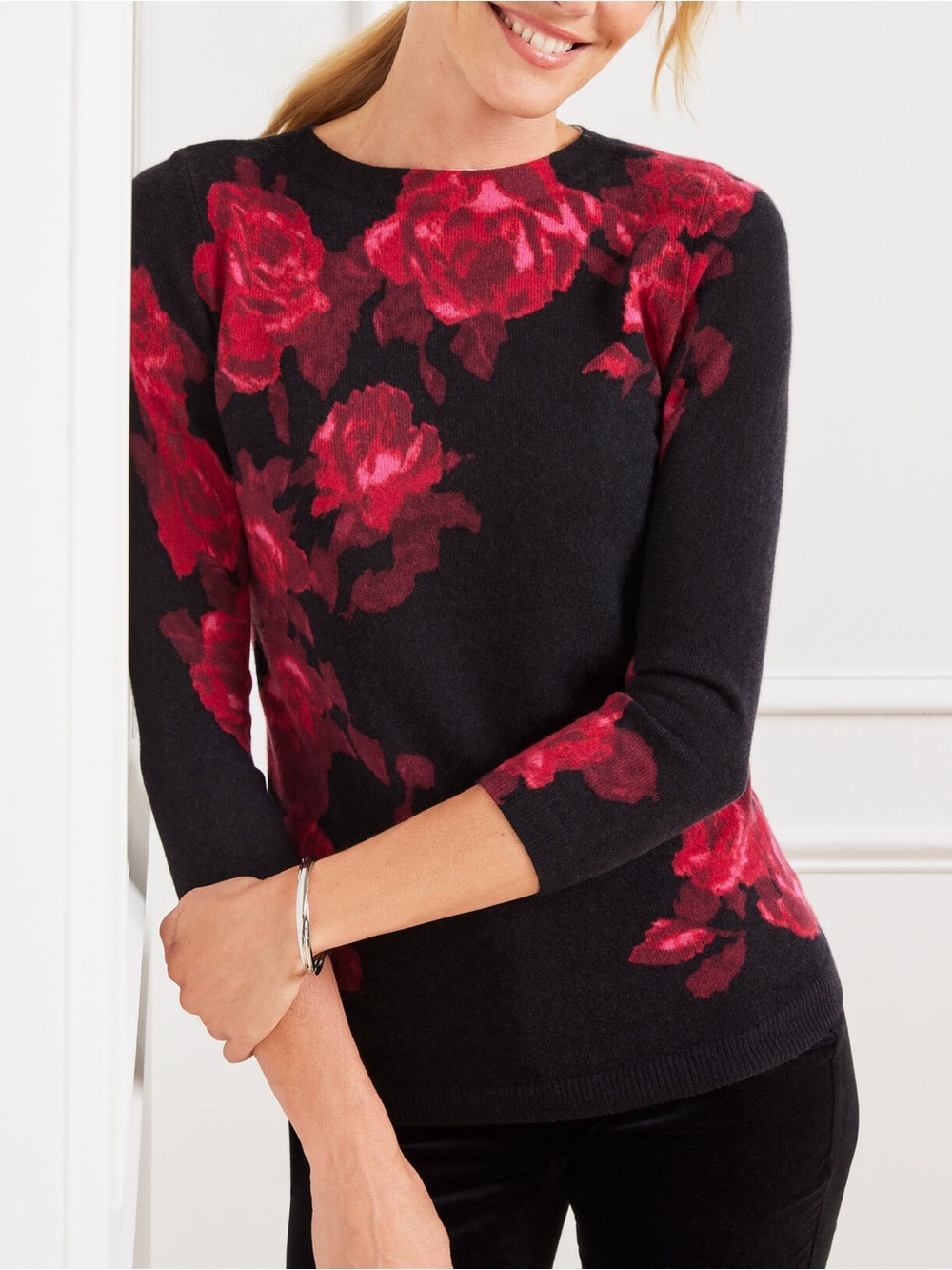 Talbots 100% Cashmere Floral Audrey Sweater Roses Size 2X Petite Women’s